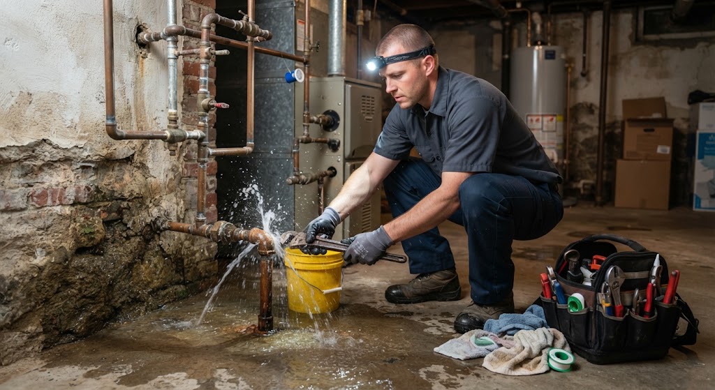 Plumber inspecting a water heater and pipes for a wet basement leak Bloomfield NJ