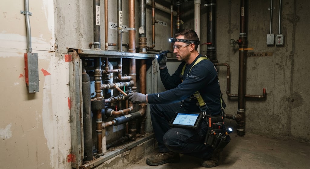 Plumber completing a burst pipe repair Bloomfield NJ